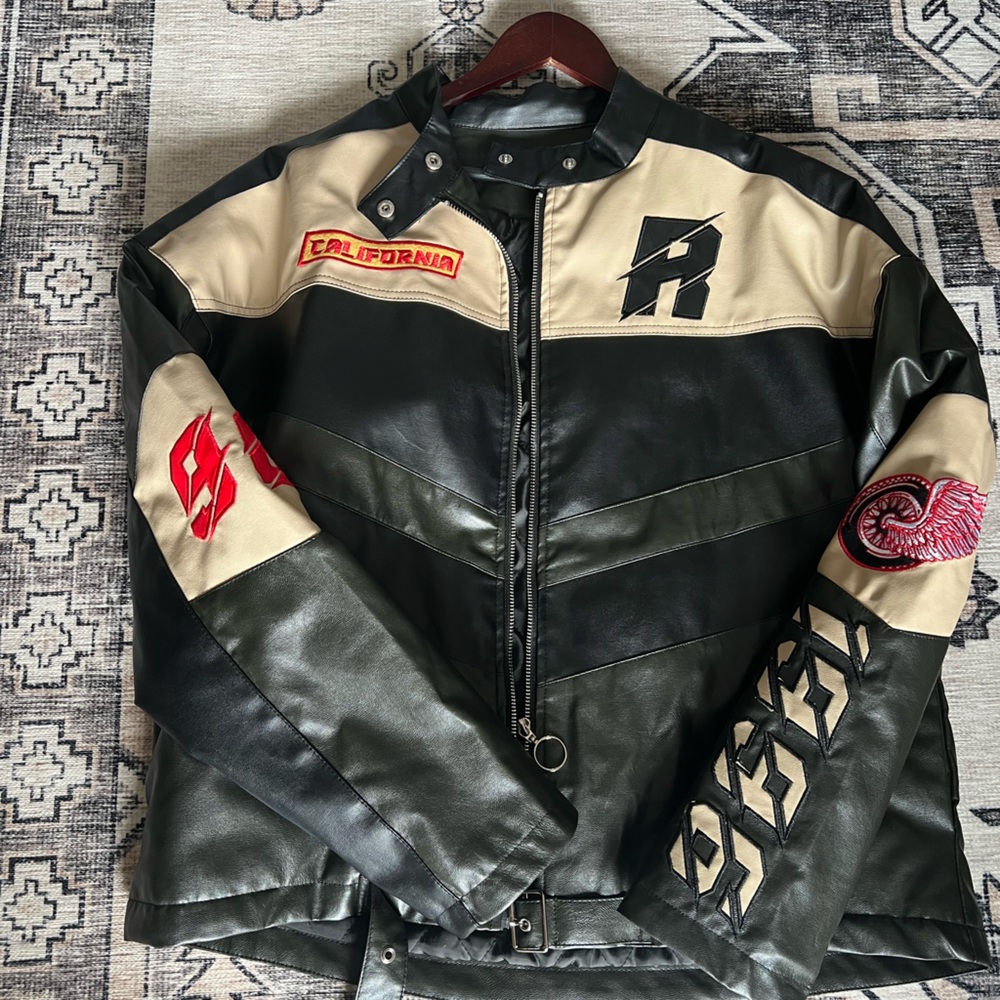 PrettyLittleThing Black and Cream Leather Jacket with Red Details